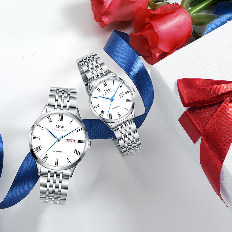 Ultrathin MIYOTA 커플 시계 럭셔리 브랜드 카니발 2020 연인을위한 새로운 커플 시계 사파이어 캘린더 Full Steel Reloj mujer