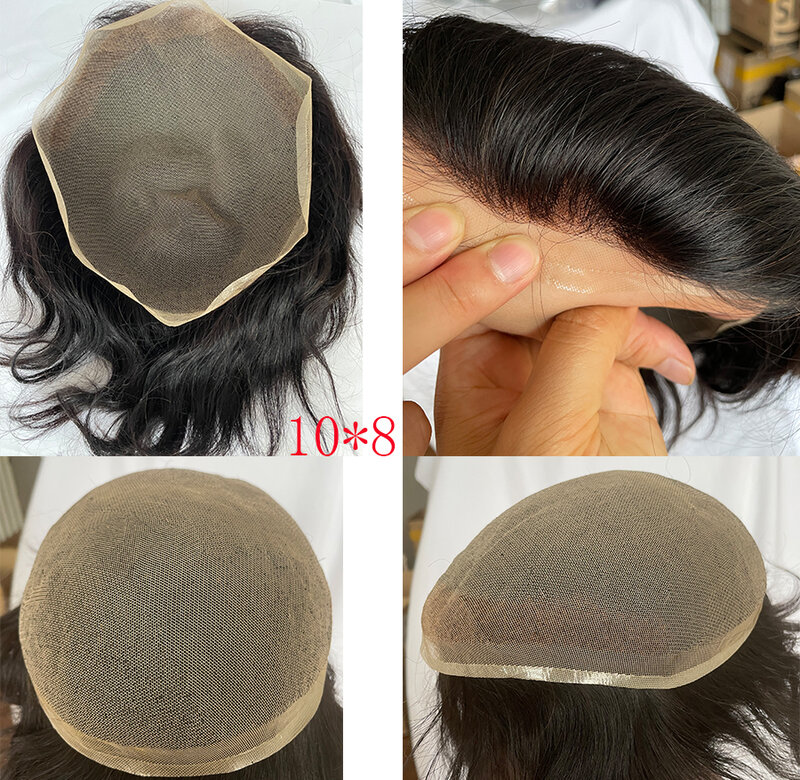 Tupé de cabello humano 100% europeo para hombres, con encaje suizo suave y súper fino, tupé de encaje completo de 10x8 ", piezas de cabello liso # 1b de color negro