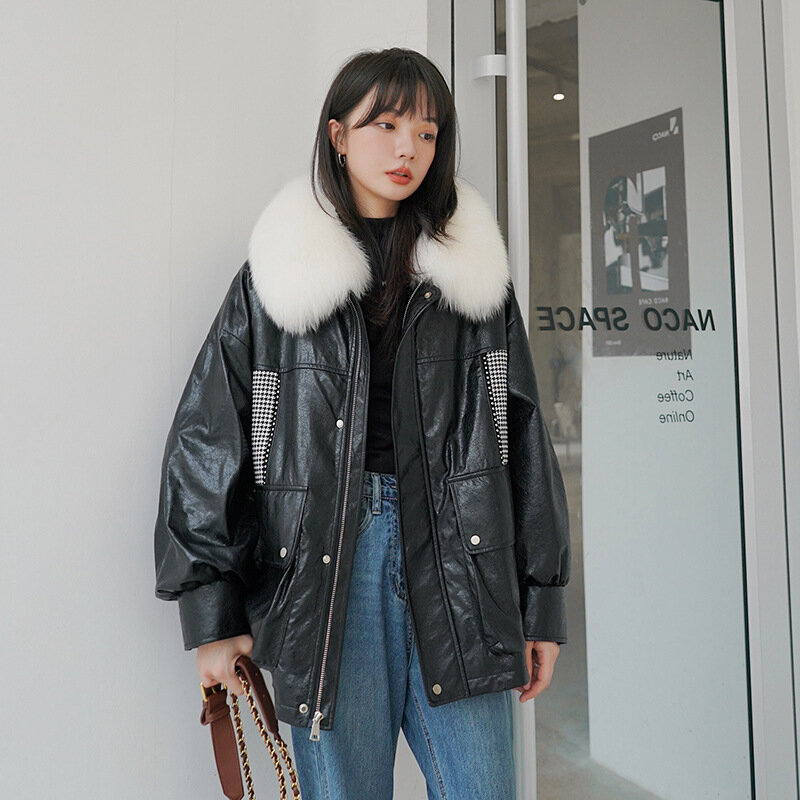 Jaket Bomber Wanita Musim Dingin Korea Longgar Pie Hitam Mengatasi Kotak-kotak Jahitan Mantel Kulit Kerah Bulu Besar Mode Katun Perempuan