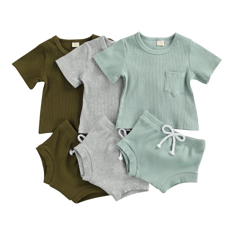 Camisetas de manga corta para bebé de vacaciones + Pantalones cortos con cordón, estilo informal con decoración de bolsillo, cintura elástica, ropa de verano