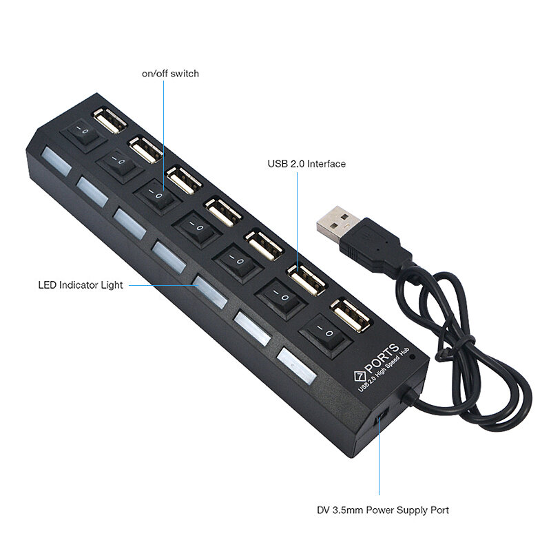 7 Port USB Hub 2.0 Adaptor 7 Port Hub USB On/Off Switch USB Portabel Splitter Kecepatan Tinggi untuk Laptop Komputer Terbaru
