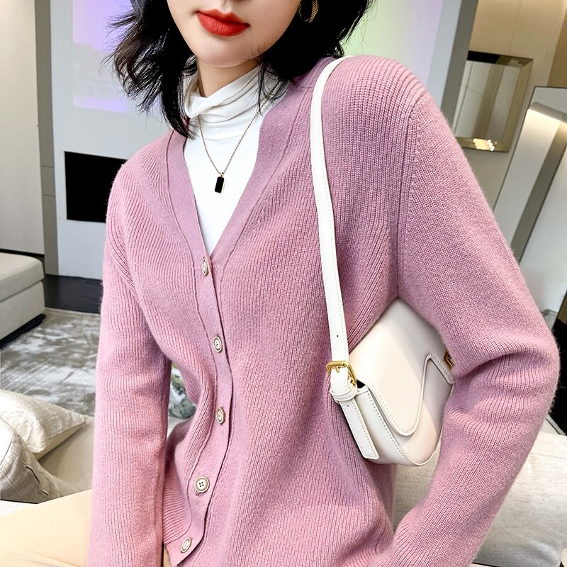 High-End-100% Kaschmir Wolle Frauen Elastizität V-ausschnitt Strickjacke Pullover 2021 Frühling Herbst Warme Mädchen Kleidung Große Größe Weichen knitte