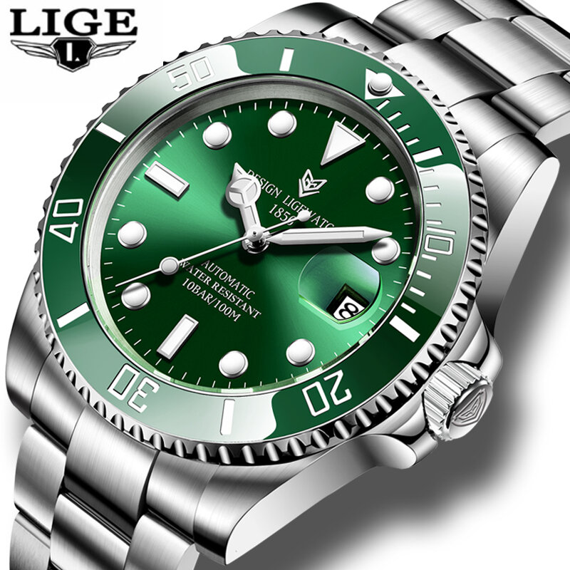 2021 ligeビジネス腕時計メンズ自動機械式トゥールビヨン時計ファッションフルスチール100防水グリーン水ゴースト腕時計メンズ
