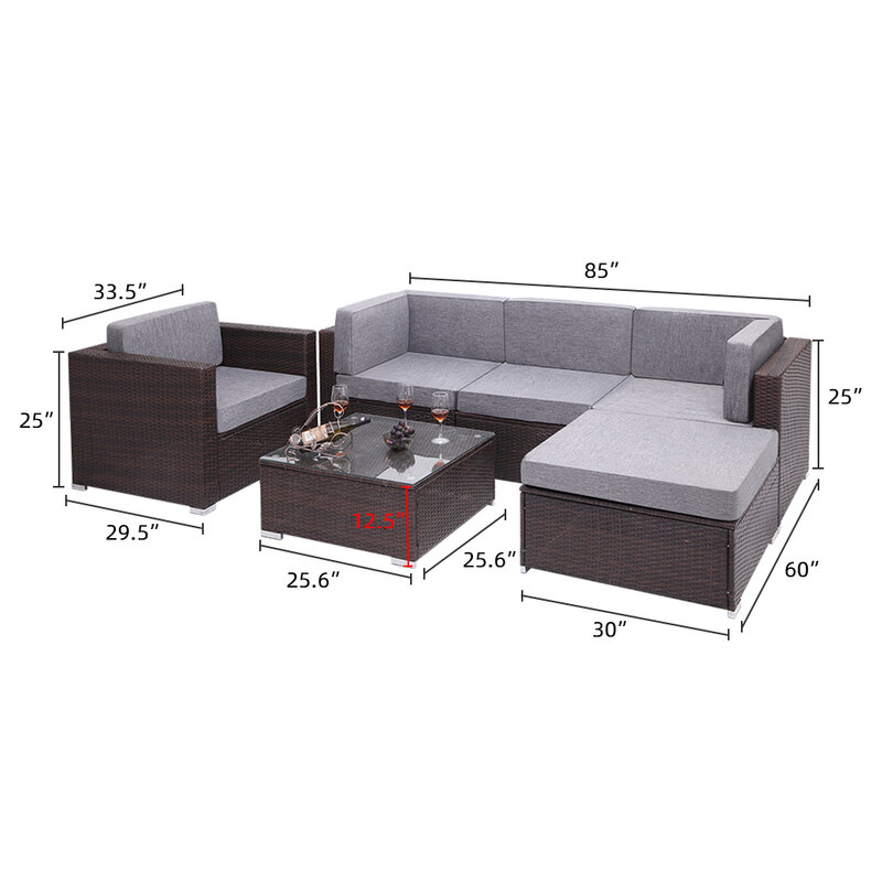 【US Warehouse】6 Pieces Patio PE Wicker Rattan Corner Sofa Set（Outdoor rattan sofa）