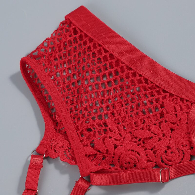 Conjunto de lencería Sexy con anillo de acero bordado para mujer, ropa interior, Tanga, liga, disfraces eróticos, color rojo, 3 uds.