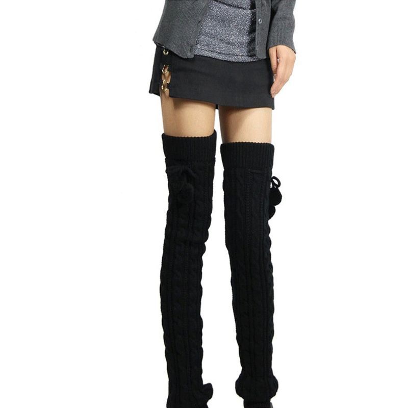 Wanita Musim Dingin Dikepang Kabel Merajut Paha Tinggi Panjang Leg Warmers Warna Solid Crochet Termal Sepatu Boot Manset Kaus Kaki dengan Pompom bola