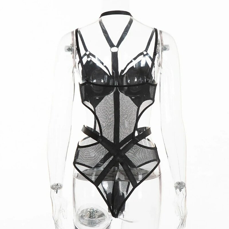2020 Mesh przejrzyste Sexy Body kobiety czarny Gothic moda klub nocny kombinezony obcisłe Body Suit Punk Hollow bandaż pajacyki