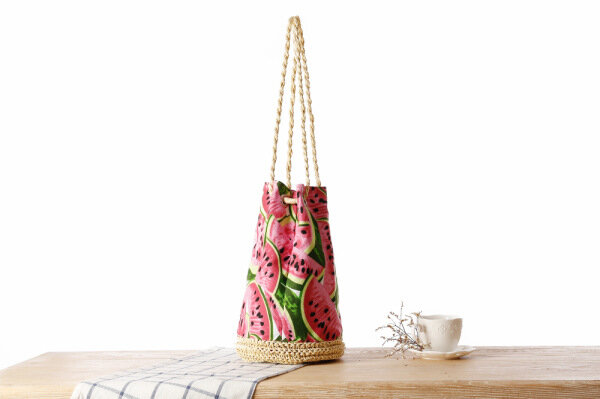 Плетеная пляжная сумка-бочонок для женщин, модные летние Соломенные Сумочки Ручной работы на шнурке, с арбузами, богемные сумочки, тоуты