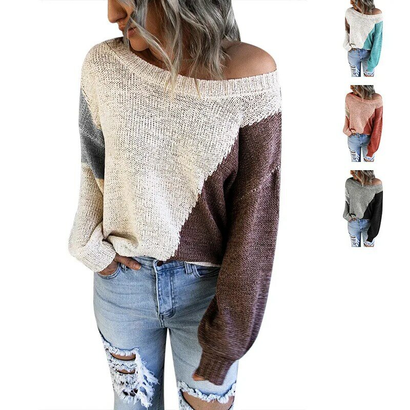 Женский трикотажный пуловер, однотонный Повседневный свитер с открытыми плечами и длинными рукавами, вязаный пуловер с плотными стежками, Осень-зима 2021