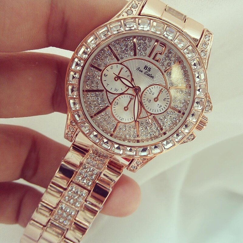 BS-relojes de lujo para mujer, pulsera completa con diamantes de imitación, de cuarzo, de acero, reloj de pulsera analógico de cristal dorado