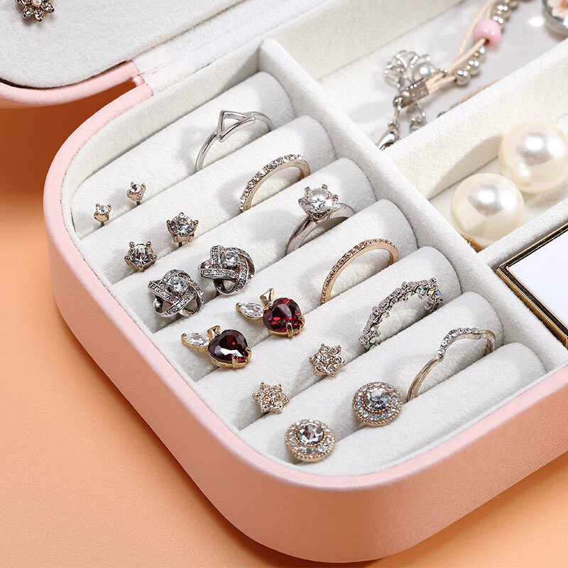 2021 caixa de jóias portátil organizador de exibição de jóias de viagem caixa de jóias botão de armazenamento de couro com zíper joyero