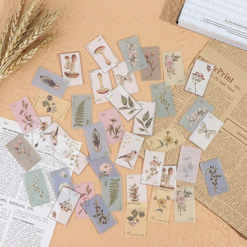 40 sztuk/paczka złota tłoczenia Vintage Retro znaczek podróży roślin kreatywne naklejki Bullet Journal Deco papiernicze naklejki