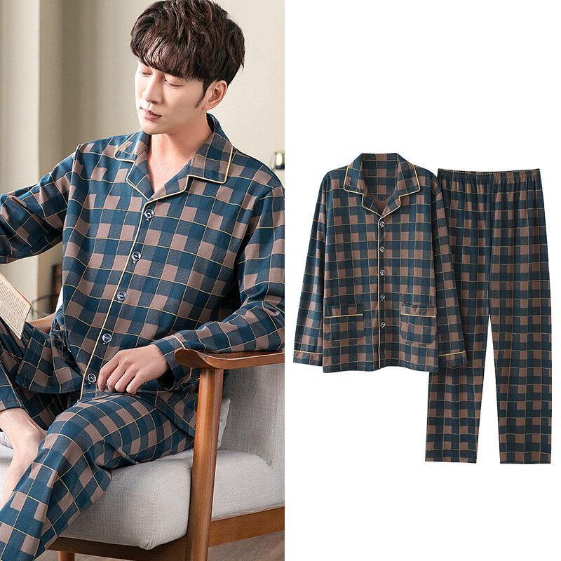 Conjuntos de pijama de algodão para homem outono xadrez pijamas manga longa calças homewear casual loungewear ternos