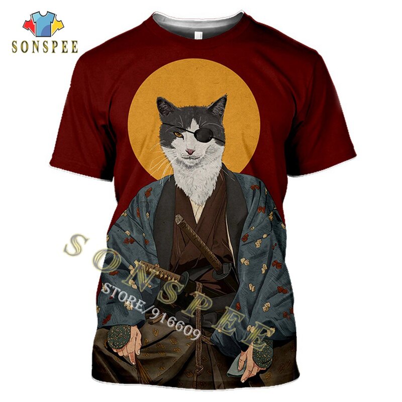 3D Printing Japanese Samurai Cat Tattoo T-shirt Men's Cool Classic Art Women's Casual Summer T-shirt Round Neck Short Sleeve