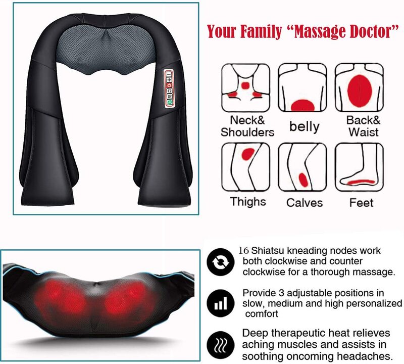 Massageador 3d shiatsu para cervical e pescoço, dispositivo elétrico com rolo térmico xale, manual da china, massagem em casa e no ombro
