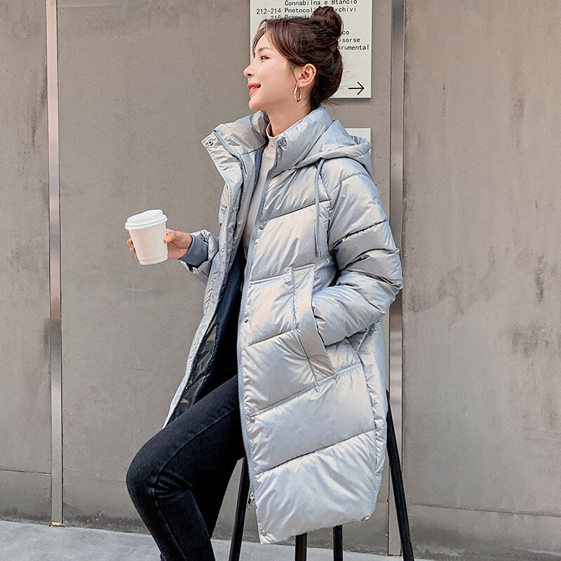 2021 inverno jaqueta feminina para baixo brilhante mid-length down jacket algodão-acolchoado casaco sem lavagem novo emagrecimento estilo coreano