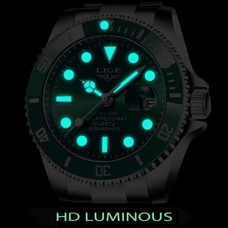 Lige 2021 relógio de pulso de luxo masculino, relógio de aço inoxidável à prova d'água + caixa de embalagem
