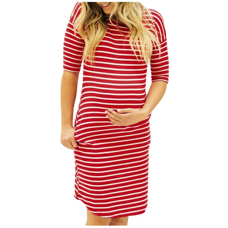Mulheres grávidas roupas de maternidade moda das mulheres grávidas o-pescoço listra manga curta enfermagem vestido de maternidade