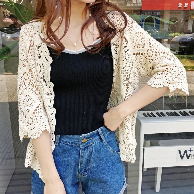 Sun Protection Clothing 2020 Blouse Outer Shawl Summer Cardigan Jacket Women's Short Sweater Hollow out Lace Thin