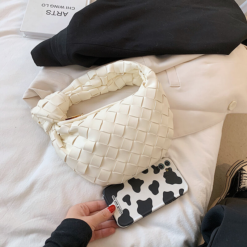 Bolsa pequena de couro para mulheres, bolsa pequeno de luxo estilosa com alça superior para tecer, bolsa macia de tricô simples, 2021