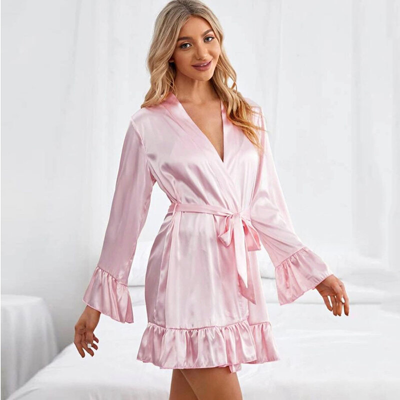 Hiloc Ruffled Dresses Flare Long Sleeves Robes Women Sleepwear Nightgown Sexy Robe Solid Bathrobe Female Homewear Dressing Gown
