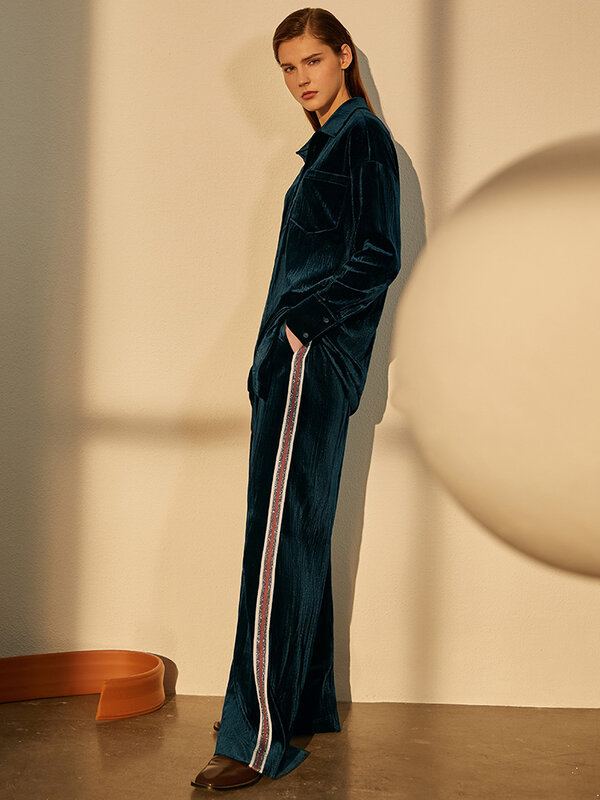 Amii minimalizm zima rocznika stałe Velet koszula damska przyczynowe Patchwork w pasie luźne długie spodnie dla kobiet 12070307