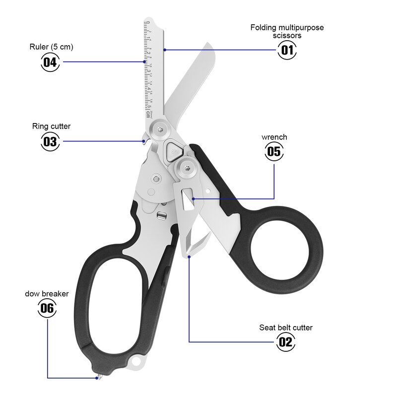 6 in 1 Raptor Emergency Response Shears multifunctional scissors with Strap Cutter and Glass Breaker with Compatible Holster