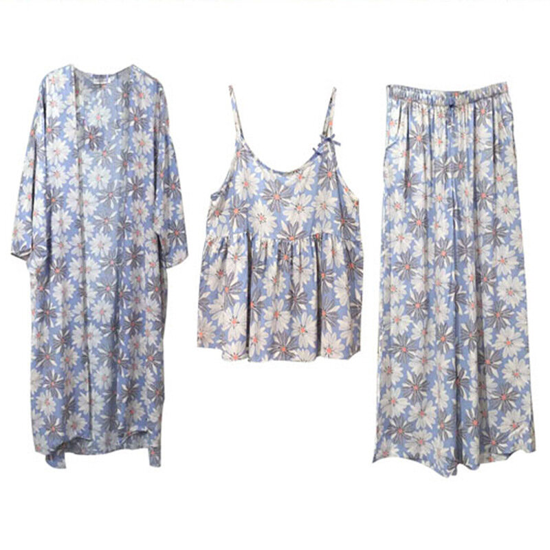 Felinus 3 Pieces Women Pajamas Set Printed Floral Sleepwear Suspenders+Trousers+Robe Nigthwear Cotton Soft Comfortable Homewear