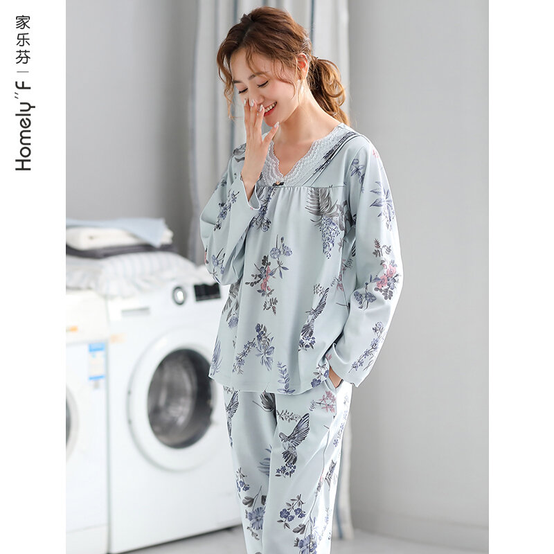 Jialefen pijamas femininos primavera e outono outono outono puro algodão manga longa homewear completo algodão seção fina mãe de meia idade