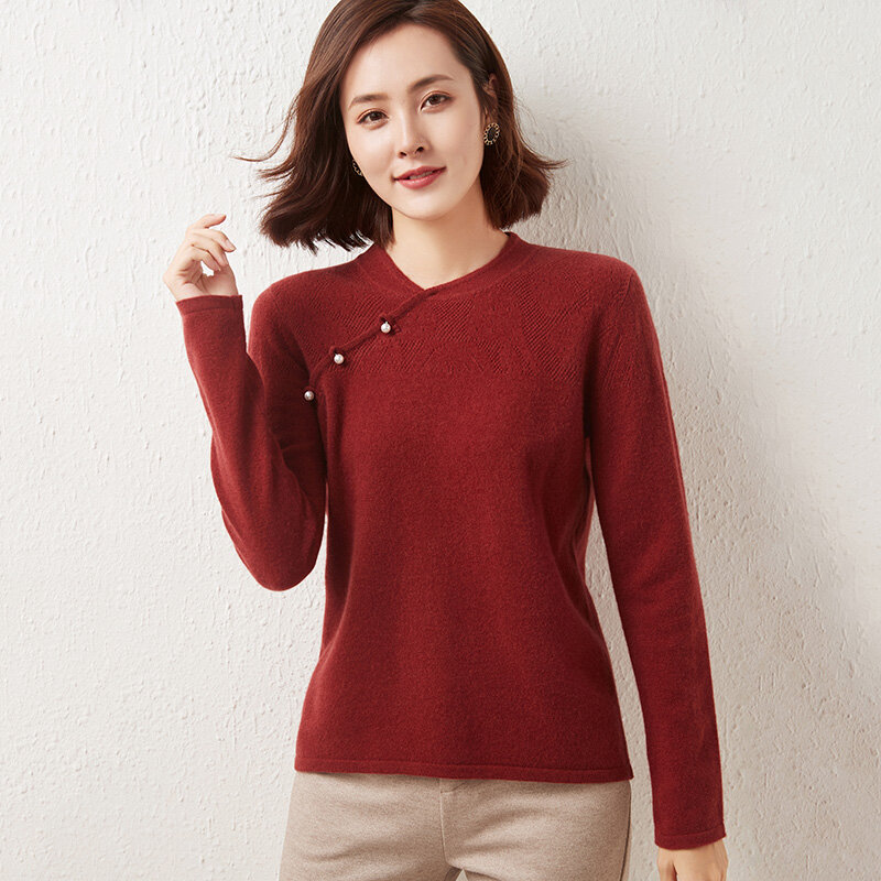 Suéter feminino de lã pura com manga comprida, novo suéter cheongsam com fivela de pérola, gola em v, blusa de tricô, primavera e outono 100%