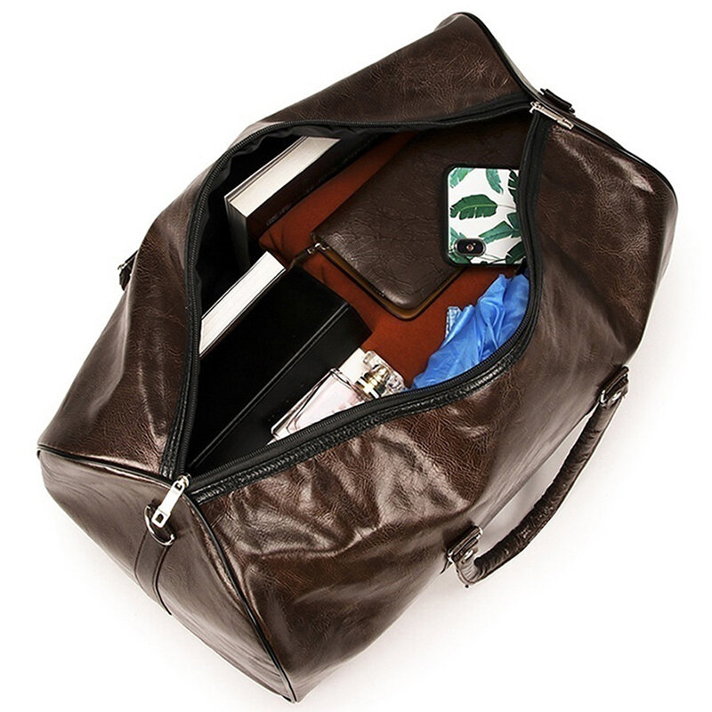 Bolsa de viaje de cuero Duffle independiente gran Fitness bolsas bolso bolsa de equipaje negro de moda de los hombres con cremallera Pu