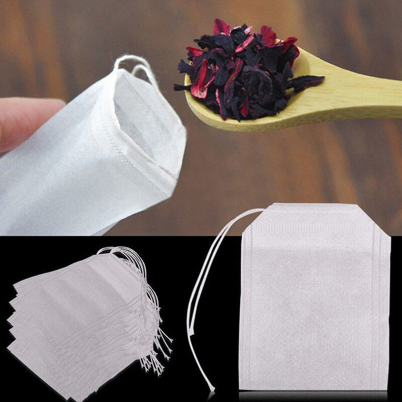100 Disposable Teh Bag Filter, Saringan Teh Infuser Tas sutra Thread Sealing Bukan Tenunan Spice Filter Tas Aksesoris Dapur