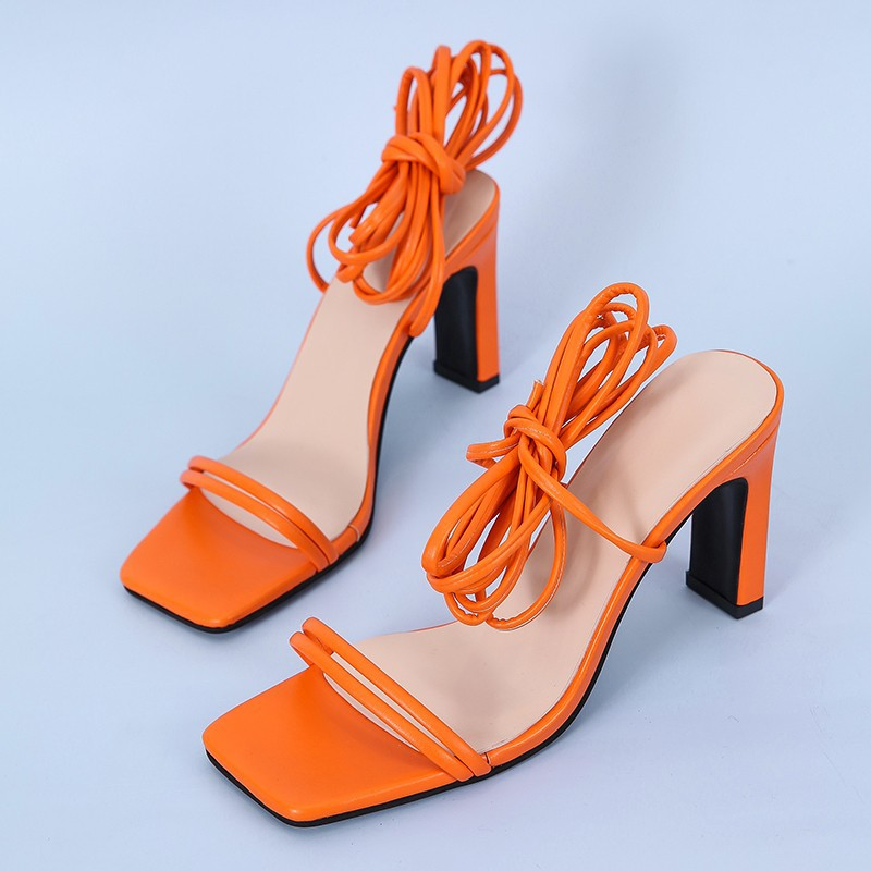 Sandalias sexys con cordones para mujer, zapatos de tacón alto con punta cuadrada, color naranja y verde, para verano, talla grande 43