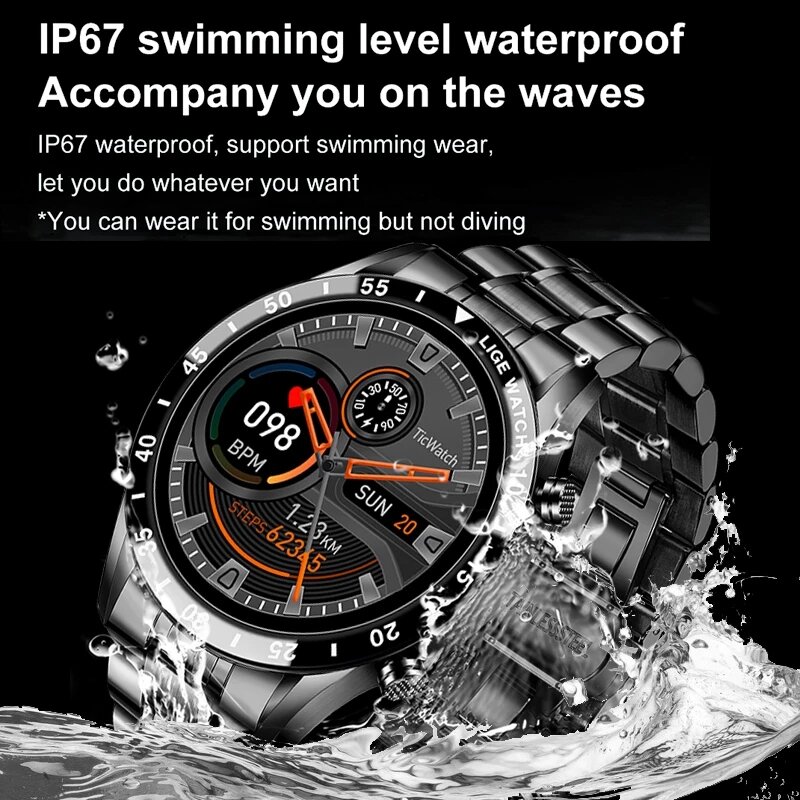 Lige-smart watch à prova d'água masculino, relógio inteligente esportivo com alarme, monitor de batimentos cardíacos e pressão, para celulares ios e android