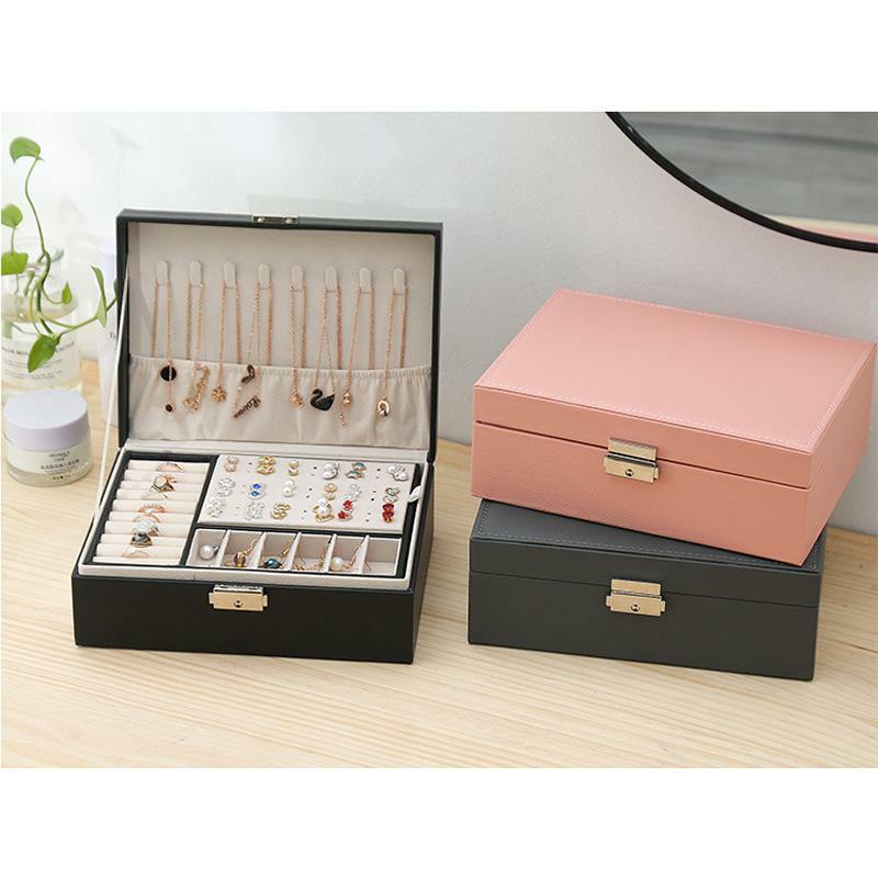 2-camadas de couro jóias organizador caixa de armazenamento grande colar anel brincos jóias exibição titular caso caixa de presente caixa de embalagem