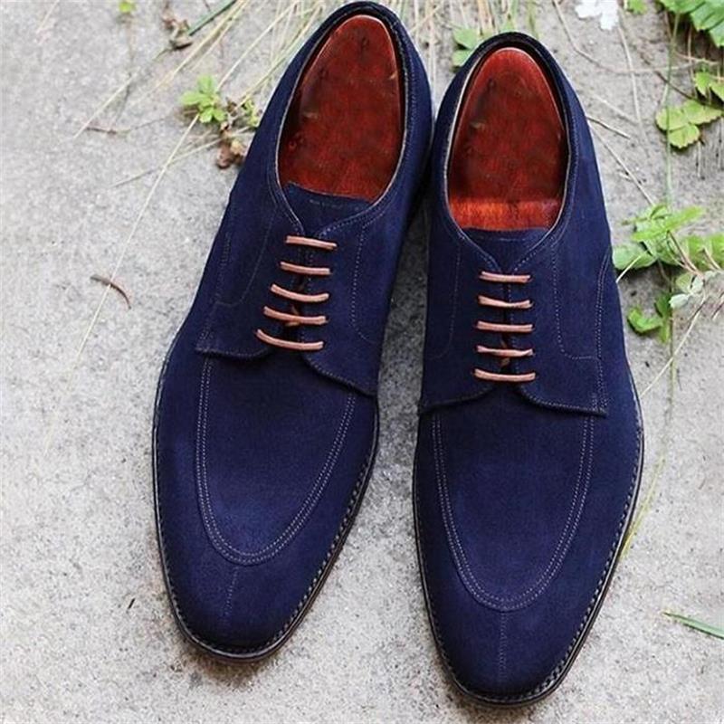 2021 New Men Shoes Handmade Blue Suede Square Toe Low-heel Wingtip Lace-up Fashion Business Casual Dress Oxford Shoes KS387