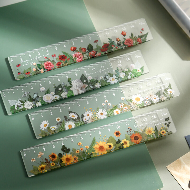 Reglas rectas de plástico de margaritas y rosas, 15 cm, Kawaii, suministros de oficina, planificador, accesorios, premio para Estudiantes