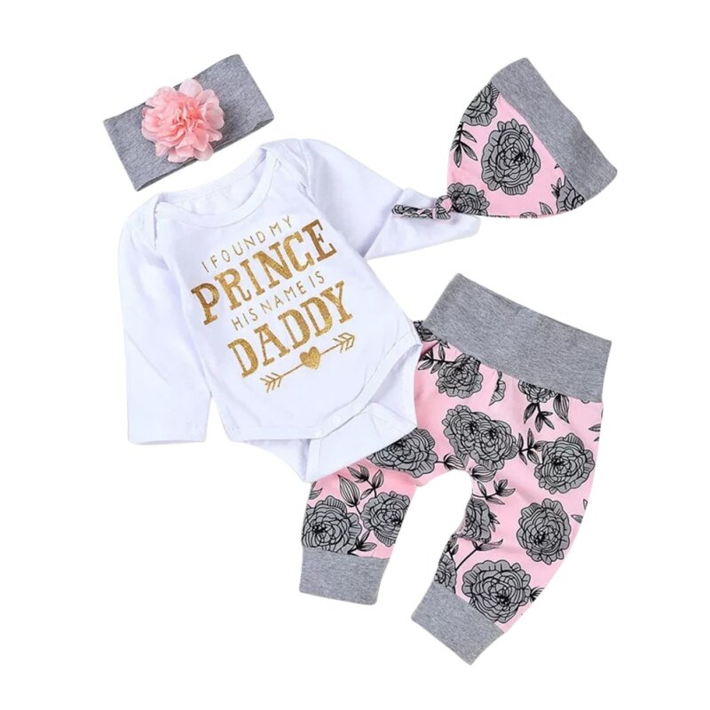 Baby Mädchen Jungen Kleidung Anzug Neugeborenen Kinder Outfits Kleidung Spielanzug-bodysuit + Blume Gedruckt Hosen + Stirnband + Hut 4PCS Set