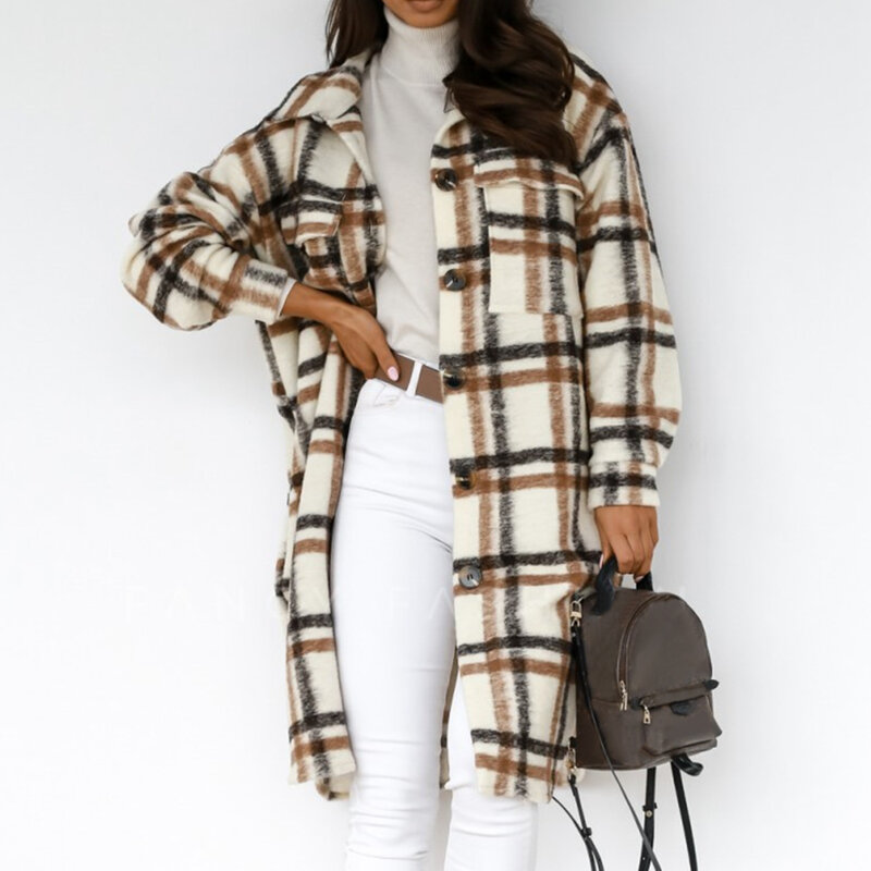2021 giacca da donna a quadri invernale cappotto rovesciato cappotto lungo scozzese caldo cappotto Oversize misto lana spessa Streetwear femminile