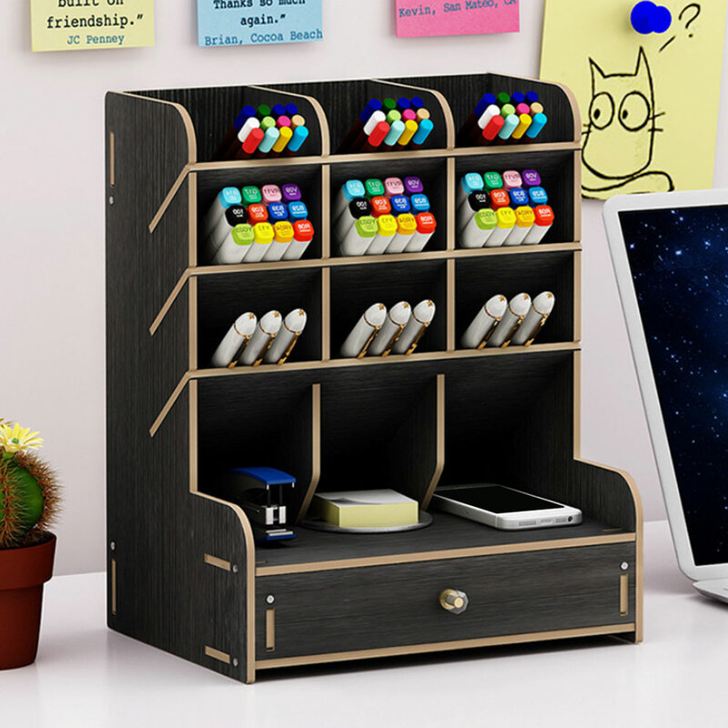 Multi-function Wooden Desktop Pen Holder Office School Stationery Storage Case Desk Pen Pencil Organizer