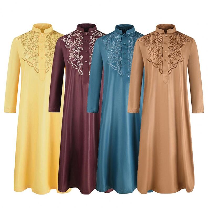 Loose Robe Pure Color Long Button Decor Embroidery Long Sleeve Male Robe   Men Robe  for Vacation