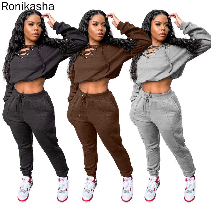 Ronikasha 새로운 여성 가을 두 조각 세트 솔리드 컬러 붕대 디자인 탑스 + 조깅 스포츠 바지 Sweatpants Cusual Tracksuits Outfits