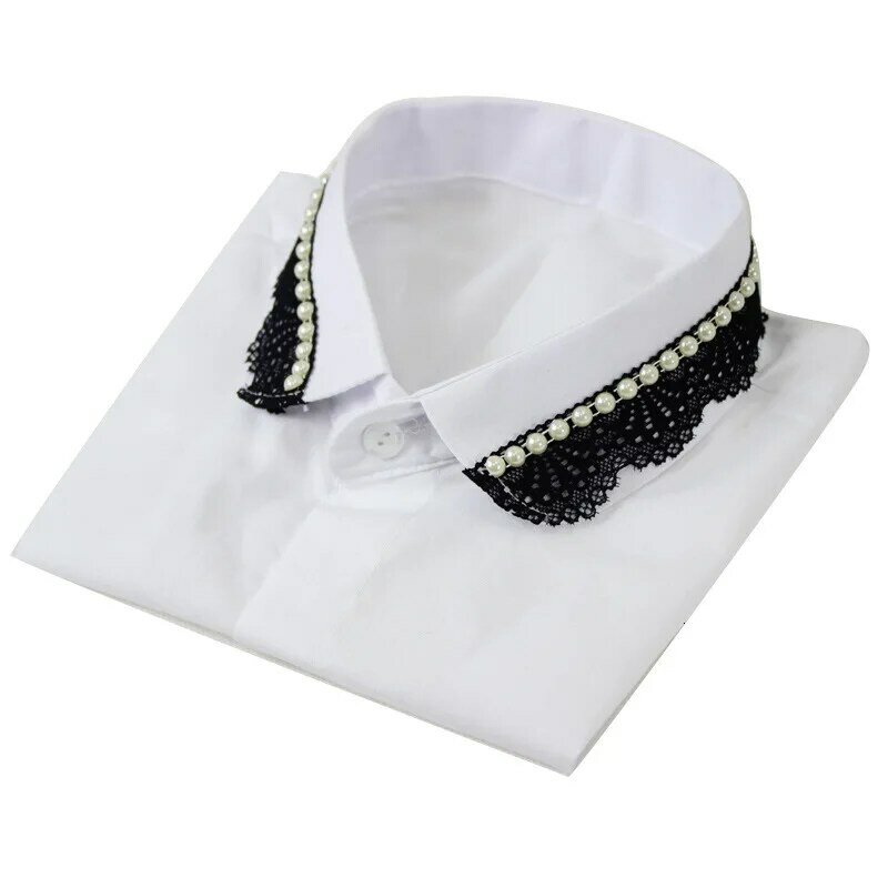 Collar de camisa de calidad para mujer, solapa de Dickie de encaje, decoración de perlas de diamante, cuello falso desmontable