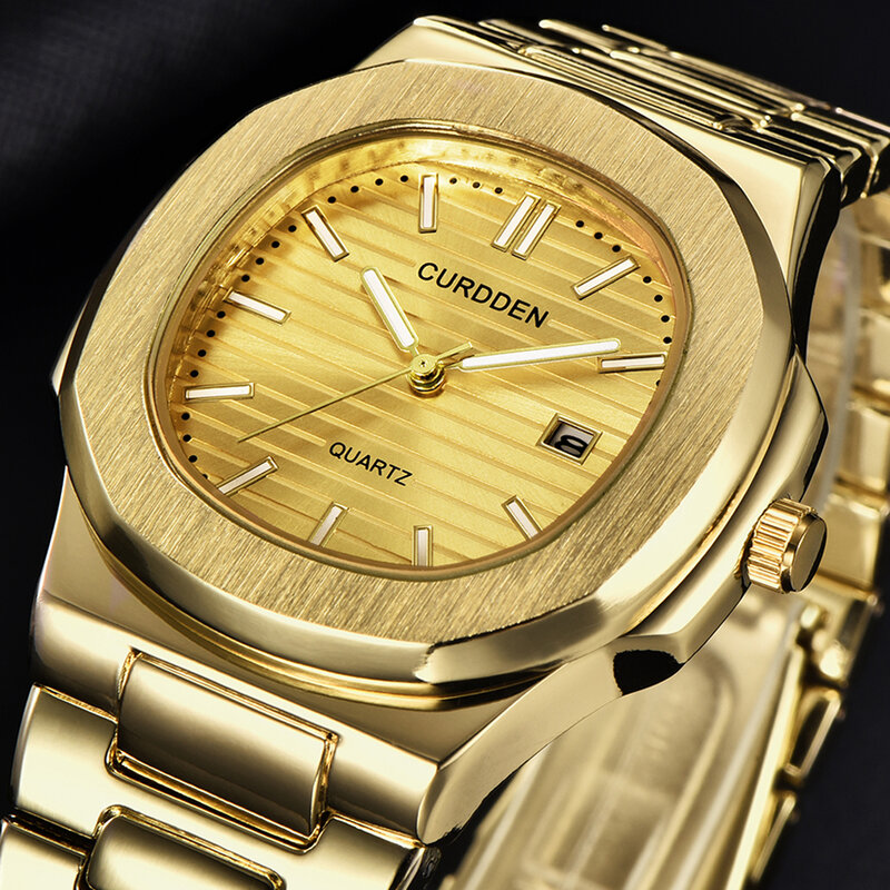 Reloj de pulsera analógico de acero inoxidable para hombre, cronógrafo de cuarzo dorado de lujo con diseño de negocios, resistente al agua