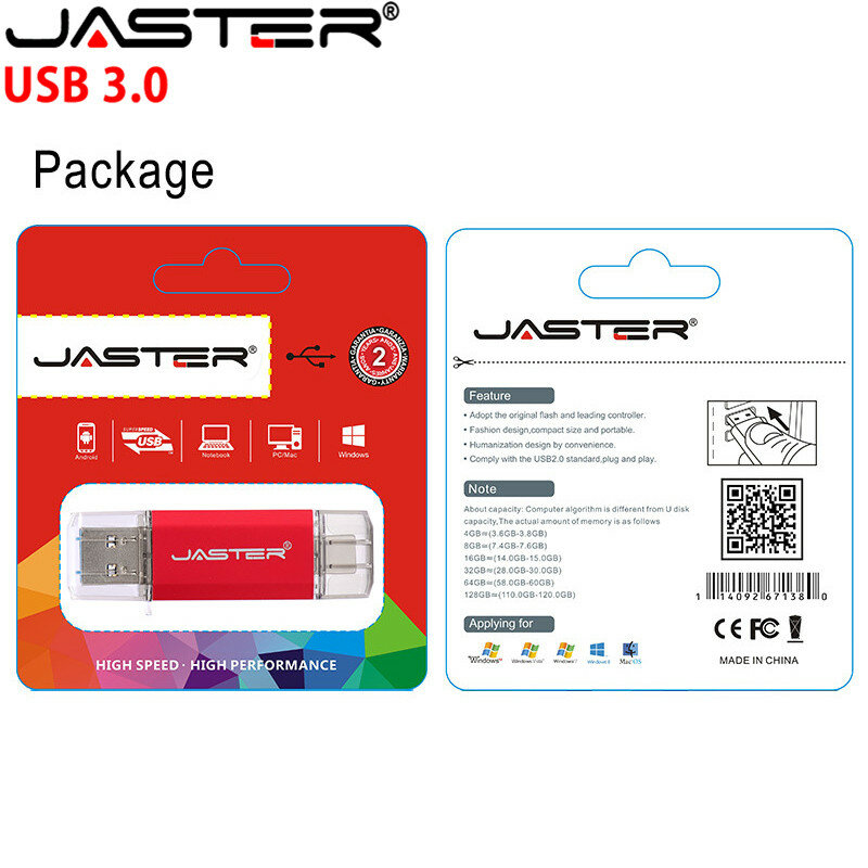Jaster-memoria USB 3,0 OTG usb flash C para teléfonos inteligentes y PC, unidad flash creativa de metal, 4GB, 8GB, 16GB, 32GB, 64GB, 128GB