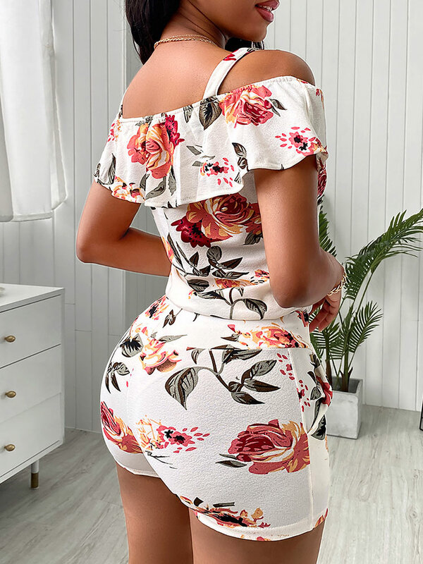 2021 verão senhoras casual manga curta conjuntos de duas peças ombro frio floral print top & drawstring shorts conjunto