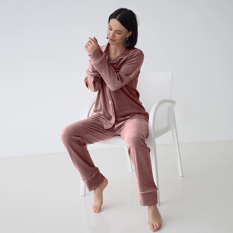 Hiloc elegante-Pijama de terciopelo para mujer, traje de dormir con cuello vuelto, camisón cálido de un solo pecho, Pantalón de terciopelo, otoño