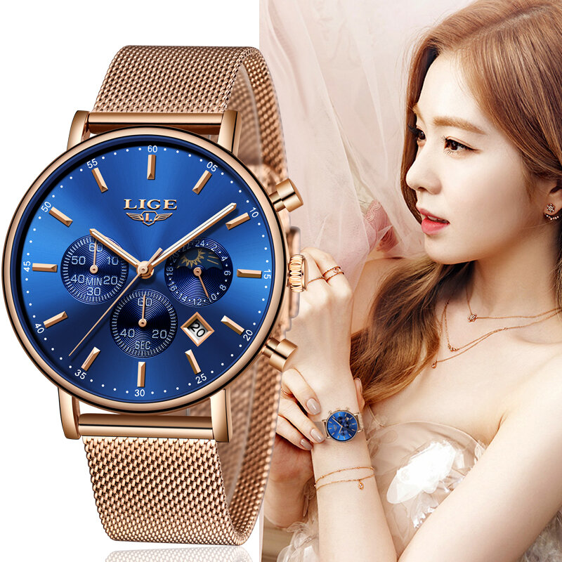 LIGE топовые брендовые Модные Роскошные наручные часы цвета розового золота и синего цвета, повседневные модные женские часы, кварцевые часы,...