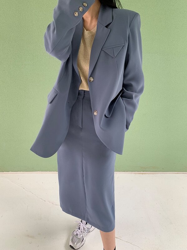 Blazer informal de 2 piezas para mujer, conjunto de falda con muescas de manga larga, trajes de oficina