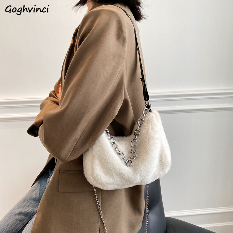 Winter Faux Fur Bags Women Korean-style Velour Temperament Chain-bags Simple Solid One-shoulder All-match Office Lady Daily Bag